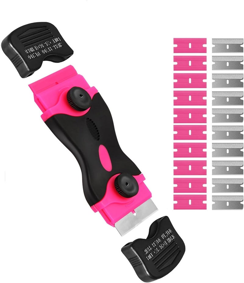 Viadom Razor Blade Scraper Tool, Cleaning Scraper Tool with 20Pcs Metal & Plastic Razor Blades, Multi-Purpose Razor Glass Scraper for Windows,Decals,Stickers,Labels,Adhesive,Cooktop,Paint Removal, Pink - Image 1